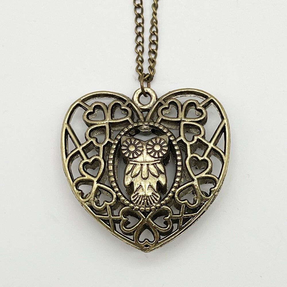 Owl In A Heart Brass Tone 3D Pendant Fashion Necklace 26” NEW